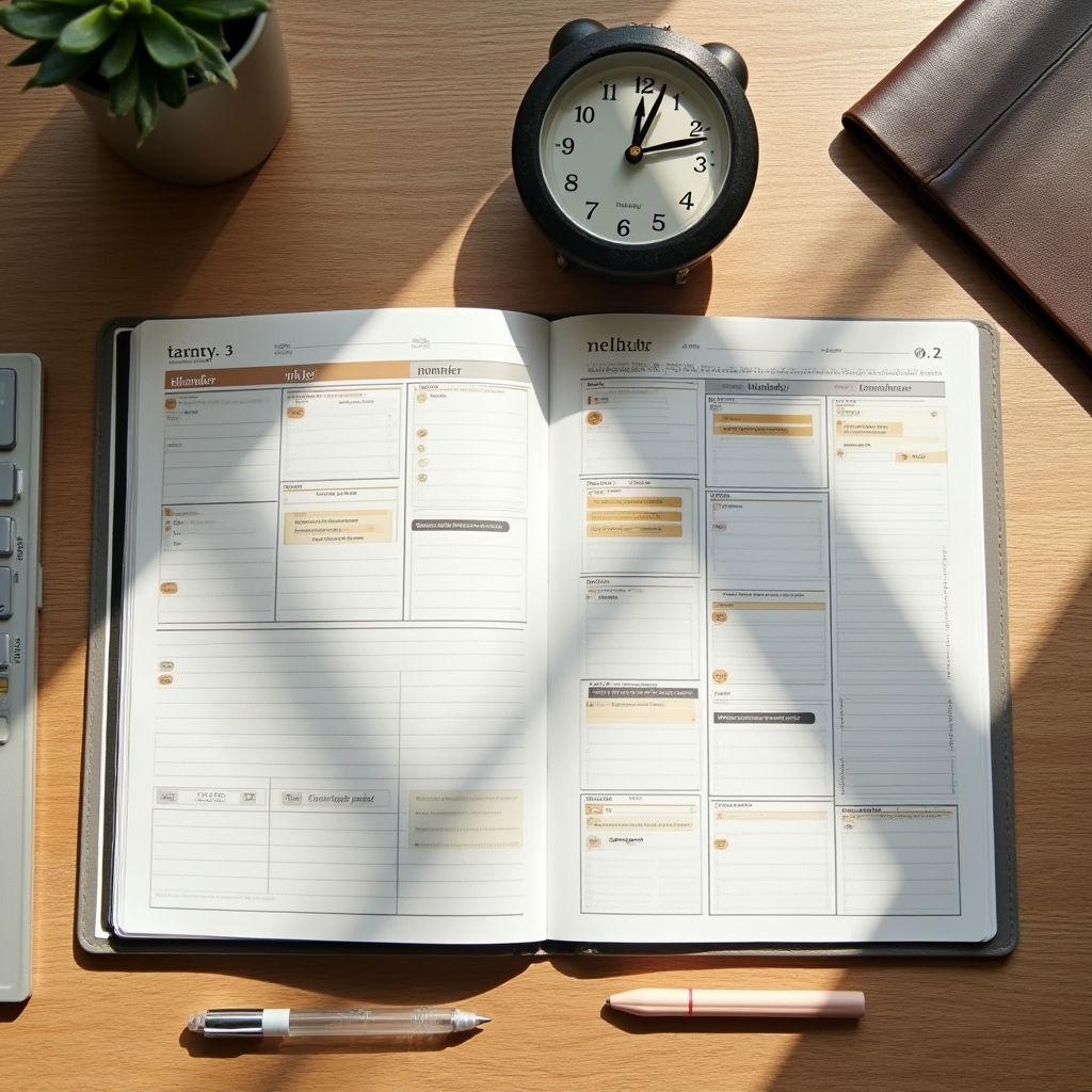 Spațiu de lucru organizat cu calendar și instrumente de planificare