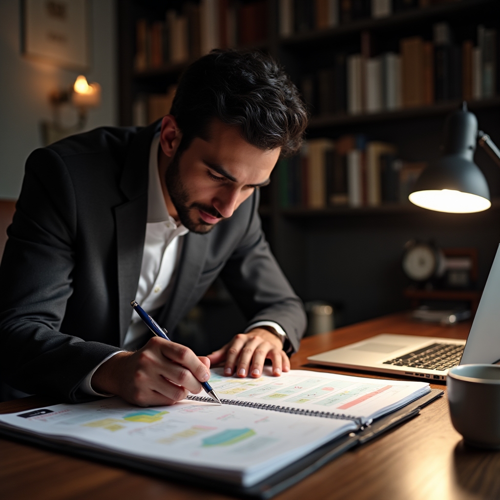 Profesionist concentrat pe planificarea zilei de lucru